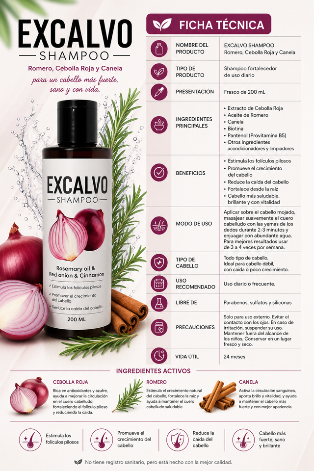 EXCALVO SHAMPOO – ROMERO, CEBOLLA ROJA Y CANELA - NOSA